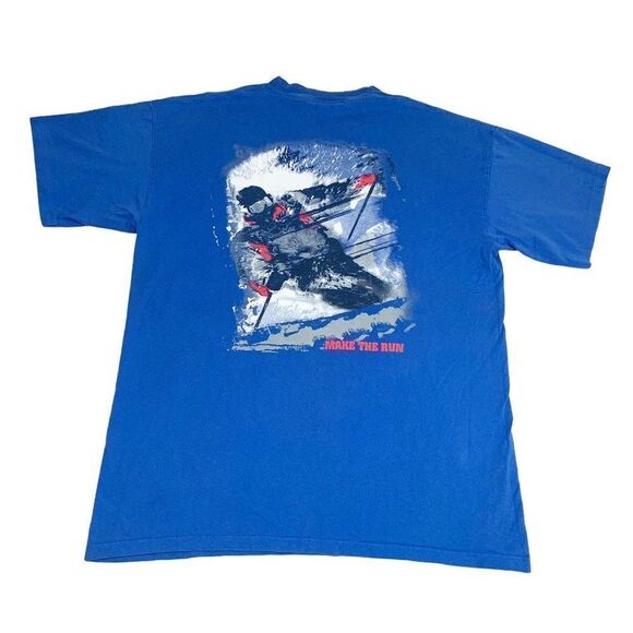 Vintage 90s Ski T-Shirt Blue XL Snowboard Make The Run Snow Single Stitch - Picture 1 of 11